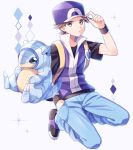  1boy alolan_sandshrew alternate_color backpack bag blue_pants brown_eyes brown_hair commentary_request diamond_(shape) hand_in_pocket hand_on_headwear hat jacket looking_at_viewer pants pokemon pokemon_(creature) pokemon_(game) pokemon_frlg purple_headwear purple_jacket red_(pokemon) scbstella shirt shoes short_hair short_sleeves sleeveless sleeveless_jacket vs_seeker white_background wristband yellow_bag 