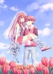  1boy 1girl bangs blue_shirt blue_socks bouquet brown_eyes brown_hair carrying closed_mouth cloud commentary_request day flower holding holding_bouquet leaf_(pokemon) long_hair loose_socks orange_flower outdoors pants pleated_skirt pokemon pokemon_(game) pokemon_frlg red_(pokemon) red_skirt scbstella shirt shoes short_hair short_sleeves skirt sky sleeveless sleeveless_jacket sleeveless_shirt smile socks standing t-shirt veil white_footwear 