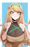  1girl anger_vein bare_shoulders blonde_hair blue_background border bracelet breasts brown_sweater cleavage clenched_hand closed_mouth headband j.k. jewelry large_breasts long_hair looking_at_viewer mythra_(xenoblade) pout see-through solo sweater two-tone_background white_border xenoblade_chronicles_(series) xenoblade_chronicles_2 yellow_eyes 