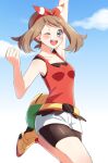  1girl ;d arm_up bangs bare_arms bike_shorts bike_shorts_under_shorts blush breasts brown_hair cloud commentary_request day eyelashes fanny_pack grey_eyes hairband hand_up leg_up may_(pokemon) one_eye_closed open_mouth outdoors pokemon pokemon_(game) pokemon_oras red_hairband red_shirt scbstella shirt shoes shorts sky sleeveless sleeveless_shirt smile solo teeth upper_teeth white_shorts yellow_bag yellow_footwear 
