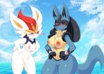  anthro areola areola_slip big_breasts bikini blue_body blush breast_size_difference breasts byghosteduard cinderace clothing day duo female generation_4_pokemon generation_8_pokemon genitals looking_at_viewer lucario medium_breasts micro_bikini nintendo nipples one_eye_closed outside pink_areola pink_nipples pokemon pokemon_(species) pussy swimwear thick_thighs video_games white_body wide_hips 