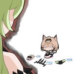  2girls angry animal_ears asymmetrical_gloves aura bangs bare_shoulders black_gloves black_hairband brown_hair cat_ears cat_girl chibi closed_mouth crown dark_aura gloves green_hair hairband highres honkai_(series) honkai_impact_3rd long_hair looking_away marin_liekuriva_(mmliku) minigirl mobius_(honkai_impact) multiple_girls panties pardofelis_(honkai_impact) shoes sitting sweat sweating_profusely underwear 