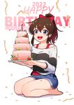  1girl 2022 background_text bangs barefoot birthday birthday_cake blue_eyes blue_shorts blush bow brown_hair cake candle character_name commentary confetti dated denim denim_shorts english_text flower food full_body hair_bow happy_birthday holding holding_cake holding_food holding_plate idolmaster idolmaster_million_live! kamille_(vcx68) leaf legs long_hair long_sleeves looking_at_viewer medium_hair off-shoulder_shirt off_shoulder open_mouth plate ponytail red_bow rose satake_minako seiza shirt shirt_straps short_shorts shorts sidelocks simple_background sitting smile solo streamers striped striped_shirt teeth thighs upper_teeth white_background white_shirt 