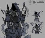  1girl breasts dog_tags faceless grey_background gun highres holding holding_gun holding_weapon holstered_weapon hood hoodie jacket juerucj large_breasts logo mechanical_tail multiple_views original pouch simple_background tail tentacles uniform v weapon zipper 
