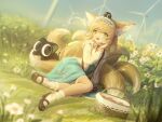  1girl :d animal_ear_fluff animal_ears arknights bag bangs basket black_cat black_footwear blonde_hair blue_hairband blue_skirt blue_sky cat cloud commentary_request crossover day flower fox_ears fox_girl fox_tail frilled_hairband frilled_socks frills grass green_eyes hairband hand_up heixiu jacket kitsune long_sleeves looking_at_viewer luoxiaohei neck_ribbon on_grass on_head outdoors puffy_long_sleeves puffy_sleeves red_ribbon ribbon sarena shirt shoes shoulder_bag skirt sky smile socks suzuran_(arknights) suzuran_(spring_praise)_(arknights) tail teeth the_legend_of_luo_xiaohei upper_teeth white_flower white_jacket white_shirt white_socks wind_turbine 