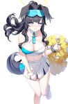  1girl animal_ears bangs bare_shoulders black_hair blue_archive blush breasts cheerleader cleavage commentary_request dog_ears dog_girl dog_tail eyewear_on_head feet_out_of_frame floating_hair gloves goggles goggles_on_head halo hibiki_(blue_archive) hibiki_(cheerleader)_(blue_archive) highres holding holding_pom_poms large_breasts long_hair looking_at_viewer midriff navel parted_lips pom_pom_(cheerleading) ponytail ririko_(zhuoyandesailaer) shoes shorts simple_background skirt skirt_tug sneakers socks solo standing standing_on_one_leg sticker_on_arm sticker_on_face tail thighs wavy_mouth white_background white_footwear white_gloves white_socks 