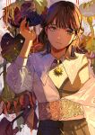  1girl absurdres bangs breasts brown_eyes brown_hair closed_mouth commentary_request earrings hand_up highres jewelry leaf long_hair long_sleeves looking_at_viewer off_shoulder original qooo003 shirt small_breasts tassel tassel_earrings upper_body white_shirt 