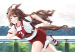  alternate_costume animal_ears atsuagi braid brown_hair bush commentary_request gym_uniform horse_ears horse_girl horse_tail long_hair mejiro_bright_(umamusume) motion_blur racetrack running shorts side_braids sky tail umamusume yellow_eyes 