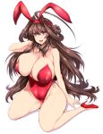  1girl :d absurdres ahoge animal_ears arm_up bangs breasts brown_hair cameltoe cleavage commentary_request covered_navel covered_nipples fake_animal_ears hand_in_own_hair high_heels highres huge_breasts kantai_collection kongou_(kancolle) leotard long_hair looking_at_viewer open_mouth playboy_bunny plump purple_eyes rabbit_ears rabbit_tail red_footwear red_leotard simple_background sitting smile solo tail taut_leotard teeth thighs tsukasawa_takamatsu upper_teeth very_long_hair wariza white_background 