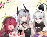  1other 3girls :d ^_^ absurdres arknights bangs bare_shoulders black_dress black_shirt blurry blurry_foreground blush box braid breasts cake character_doll cleavage closed_eyes closed_mouth collared_shirt commentary_request confetti crown_braid depth_of_field doctor_(arknights) dress facing_viewer fang food fruit gift gift_box grey_hair hair_between_eyes hair_ornament hand_up happy_birthday head_tilt highres horns large_breasts long_hair looking_at_viewer mudrock_(arknights) multiple_girls pale_skin pointy_ears red_eyes red_hair shirt sktre12 smile spikes strawberry streamers v vigna_(arknights) warfarin_(arknights) 