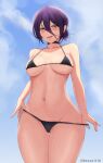  1girl :d artist_name ass_visible_through_thighs bangs bikini bikini_pull black_bikini black_choker blue_sky breasts cameltoe chainsaw_man choker clothes_pull cloud collarbone day groin hair_between_eyes hair_bun highres medium_breasts messo1118 navel open_mouth outdoors pulled_by_self purple_hair reze_(chainsaw_man) sky smile solo stomach swimsuit thigh_gap thighs wet wide_hips yellow_eyes 