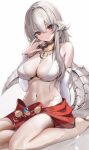  1girl au_ra avatar_(ff14) bangs blush bow breasts cleavage cyobiro detached_sleeves dragon_horns dragon_tail final_fantasy final_fantasy_xiv gem grey_hair highres horns jewelry large_breasts long_hair looking_at_viewer navel red_eyes ribbon scales solo tail water wet white_background 