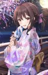  1girl :d aerial_fireworks bangs blurry blurry_background blush bow braid brown_eyes brown_hair commentary_request depth_of_field egasumi fireworks floral_print from_side full_moon hair_between_eyes hair_bow hand_fan hands_up highres holding holding_fan japanese_clothes kimono looking_at_viewer looking_to_the_side maruma_(maruma_gic) moon night night_sky original outdoors paper_fan pink_bow ponytail print_kimono railing sidelocks sky smile solo uchiwa 