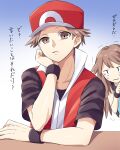  1boy 1girl bangs blue_shirt brown_eyes brown_hair closed_mouth commentary_request gradient gradient_background hand_up hat head_rest jacket leaf_(pokemon) long_hair looking_at_viewer peeking_out pokemon pokemon_(game) pokemon_frlg red_(pokemon) red_headwear red_jacket scbstella shirt short_hair short_sleeves sleeveless sleeveless_jacket sleeveless_shirt sweat t-shirt translation_request trembling wristband 