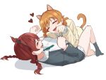  2girls animal_ears braid brown_hair cat_ears claw_pose closed_eyes emma_verde freckles happy heart konoe_kanata long_hair looking_at_another love_live! love_live!_nijigasaki_high_school_idol_club monowe multiple_girls nyan school_uniform smile tail twin_braids white_background yuri 