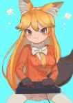 1girl :i angry animal_ears blush brown_fur brown_gloves commentary_request controller cowboy_shot ezo_red_fox_(kemono_friends) fox_ears fox_girl fox_tail fur_trim game_controller gloves head_steam highres jacket kemono_friends long_hair long_sleeves orange_eyes orange_hair orange_jacket osnmykk pleated_skirt skirt solo tail thighhighs white_skirt white_thighhighs zettai_ryouiki 
