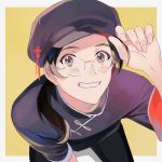  1boy adjusting_clothes adjusting_headwear axis_powers_hetalia bespectacled brown_eyes brown_hair china_(hetalia) chinese_clothes foreshortening glasses grin hat_ornament long_hair looking_at_viewer male_focus ponytail round_eyewear smile vvvrsi3636 yellow_background 