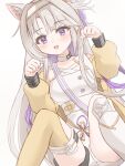  1girl :d animal_ears arknights asymmetrical_legwear blush cat_ears cat_girl clenched_hands feet_up grey_hair hairband hands_up highres jacket kazemaru_(arknights) kneehighs long_hair looking_at_viewer mismatched_legwear off_shoulder open_clothes open_jacket open_mouth paw_pose purple_eyes shorts single_sock single_thighhigh sitting smile socks solo thighhighs tififox very_long_hair white_hairband white_shorts white_socks yellow_jacket yellow_thighhighs 