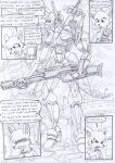  anthro black_and_white border bullet_belt chair clothing comic dasyuromorph destroyed_building destruction dialogue duncan_(kitfox_crimson) english_text eye_patch eyewear furniture group gun highway kangaroo keith_(kitfox-crimson) kitfox-crimson machine macropod male mammal marsupial mecha melee_weapon monochrome open_mouth outside_border pockets ranged_weapon ringo_(kitfox-crimson) screen shirt sketch smoke street_lamp sword text thylacine topwear weapon 