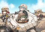  4girls absurdres assault_rifle bangs blonde_hair blue_hair blunt_bangs brown_hair chibi closed_eyes closed_mouth cross day desert english_commentary feet_out_of_frame goggles goggles_on_head green_hair gun hair_between_eyes hat highres holding holding_gun holding_weapon long_sleeves mecha military military_hat military_uniform multiple_girls open_mouth original outdoors pony pushing red_cross rifle robot short_ponytail shovel sky srtdrawart uniform upper_body weapon 