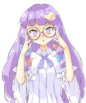  1girl arnest bespectacled blush crescent crescent_hair_ornament dress frilled_sleeves frills glasses glasses_day hair_ornament highres long_hair long_sleeves parted_lips patchouli_knowledge purple_eyes purple_hair round_eyewear shirt simple_background solo striped striped_dress touhou upper_body vertical-striped_dress vertical_stripes white_background white_shirt wide_sleeves 