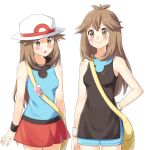  2girls :o bag bangs blue_shirt blue_shorts blush brown_eyes brown_hair closed_mouth commentary_request cowboy_shot green_(pokemon) hair_flaps hat leaf_(pokemon) long_hair multiple_girls pleated_skirt pokemon pokemon_(game) pokemon_frlg pokemon_lgpe red_skirt scbstella shirt shorts shoulder_bag simple_background skirt sleeveless sleeveless_shirt smile vs_seeker white_background white_headwear wristband yellow_bag 