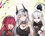  1other 3girls :d ^_^ absurdres arknights bangs bare_shoulders black_dress black_shirt blush braid breasts cleavage closed_eyes closed_mouth collared_shirt confetti crown_braid doctor_(arknights) dress facing_viewer fang grey_hair hair_between_eyes hair_ornament hand_up happy_birthday head_tilt highres horns large_breasts long_hair looking_at_viewer mudrock_(arknights) multiple_girls pale_skin pointy_ears red_eyes red_hair shirt sktre12 smile spikes streamers v vigna_(arknights) warfarin_(arknights) 