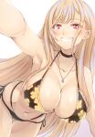  1girl absurdres armpits bare_arms bare_shoulders bikini black_choker blonde_hair breasts choker cleavage clenched_teeth collarbone commentary_request cowboy_shot dot_nose ear_piercing earrings floral_print forehead highres jewelry kitagawa_marin large_breasts leaning_forward long_hair navel necklace o-ring o-ring_top outstretched_arm piercing side-tie_bikini_bottom simple_background solo sono_bisque_doll_wa_koi_wo_suru stomach swimsuit teeth thigh_gap thighs very_long_hair white_background wochi 