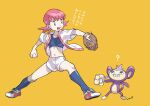  1girl :d ? aipom bangs baseball_bat baseball_mitt breasts buttons check_translation donnpati highres holding holding_baseball_bat jacket knees legs_apart long_hair navel open_clothes open_jacket open_mouth pink_hair pokemon pokemon_(creature) pokemon_(game) pokemon_gsc shoes short_shorts shorts signature smile socks sports_bra tongue translation_request twintails white_jacket white_shorts whitney_(pokemon) yellow_background 