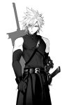  1boy bare_shoulders belt black_gloves buster_sword cloud_strife cowboy_shot duoj_ji elbow_gloves final_fantasy final_fantasy_vii final_fantasy_vii_ever_crisis final_fantasy_vii_remake gloves greyscale hair_between_eyes highres katana looking_to_the_side male_focus monochrome multiple_belts multiple_swords official_alternate_costume short_hair shoulder_strap sleeveless sleeveless_turtleneck solo spiked_hair sword turtleneck weapon weapon_on_back white_background 