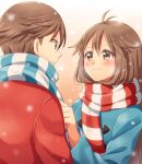  1boy 1girl adapted_costume antenna_hair bangs blue_jacket blush brown_eyes brown_hair closed_mouth commentary_request eye_contact eyelashes hand_up jacket leaf_(pokemon) long_hair long_sleeves looking_at_another pokemon pokemon_(game) pokemon_frlg red_(pokemon) red_jacket scarf scbstella short_hair smile snowing striped striped_scarf upper_body 