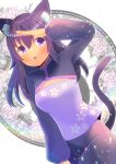  1girl :o animal_ear_fluff animal_ears arm_up bangs black_pants blush cat_ears cat_girl cat_tail commentary_request commission copyright_request dutch_angle floral_background groin hair_between_eyes kou_hiyoyo long_sleeves looking_at_viewer open_mouth pants puffy_long_sleeves puffy_sleeves purple_eyes purple_hair purple_shirt shirt skeb_commission solo tail virtual_youtuber white_background 