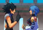  1boy 1girl aqua_(kingdom_hearts) armor bangs bare_shoulders belt black_gloves black_hair blue_hair blue_shirt breasts chest_strap colosseum dated detached_sleeves fingerless_gloves gloves grey_gloves hair_between_eyes hair_slicked_back halterneck kingdom_hearts kingdom_hearts_birth_by_sleep looking_at_another medium_breasts medium_hair open_mouth parted_bangs pointing profile shirt shoulder_armor skyloop19 sleeveless sleeveless_turtleneck smile spiked_hair sweatdrop teeth turtleneck twitter_username upper_body upper_teeth wide-eyed zack_fair 