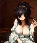  1girl absurdres bangs black_eyes black_hair breasts cleavage closed_mouth collarbone commentary dress english_commentary hair_ornament hair_over_one_eye hair_over_shoulder hand_up highres indoors inker_comics large_breasts light_frown long_hair long_sleeves looking_up one_eye_closed original sanpaku sitting solo straight_hair twitter_username upper_body white_dress 
