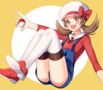  1girl :d blue_overalls bow brown_eyes brown_hair cabbie_hat commentary_request hat hat_bow holding holding_poke_ball long_hair lyra_(pokemon) open_mouth overalls poke_ball poke_ball_(basic) pokemon pokemon_(game) pokemon_hgss red_bow red_footwear red_shirt scbstella shirt shoes smile solo thighhighs thighs twintails white_headwear 