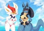  anthro areola areola_slip big_breasts bikini blue_body blush breast_size_difference breasts byghosteduard camel_toe cinderace cleavage clothed clothing day duo female generation_4_pokemon generation_8_pokemon looking_at_viewer lucario medium_breasts micro_bikini nintendo nipple_outline one_eye_closed outside pink_areola pokemon pokemon_(species) swimwear thick_thighs under_boob video_games white_body wide_hips 