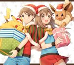  1boy 1girl :d bangs blue_shirt blush bow bowtie box brown_eyes brown_hair capelet closed_mouth commentary_request eevee eyelashes fur-trimmed_capelet fur_trim gift gift_box hat hatted_pokemon holding holding_gift jacket leaf_(pokemon) open_mouth pants pikachu pleated_skirt pokemon pokemon_(game) pokemon_frlg red_(pokemon) red_headwear red_jacket red_skirt santa_hat scbstella shirt short_hair skirt smile teeth tongue upper_teeth wristband yellow_bow yellow_bowtie 
