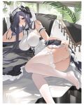  1girl absurdres apron ass august_von_parseval_(azur_lane) august_von_parseval_(the_conquered_unhulde)_(azur_lane) azur_lane between_breasts black_horns breasts clothing_cutout cross-laced_dress curled_horns dress feet foot_out_of_frame hair_over_one_eye highres horns lace-trimmed_legwear lace_trim large_breasts legs long_hair looking_at_viewer lying mechanical_horns miqilinfeizainie mouth_hold official_alternate_costume on_side one_eye_covered panties purple_eyes purple_hair ribbon ribbon_in_mouth sleeveless sleeveless_dress solo strap_between_breasts thighhighs thighs two-tone_dress underboob_cutout underwear very_long_hair white_apron white_garter_straps white_panties white_thighhighs 