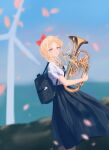  1girl a-545_(girls&#039;_frontline) absurdres alternate_costume backpack bag bangs blonde_hair blue_skirt blue_sky blurry blurry_background bow braid euphonium feet_out_of_frame from_side girls&#039;_frontline hair_bow highres holding holding_instrument hozumi_oozum instrument long_hair long_skirt looking_at_viewer multicolored_eyes open_mouth red_bow school_uniform shirt short_sleeves side_braid simple_background skirt sky solo standing white_shirt 