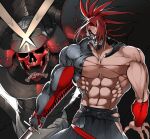  1boy abs armor bara biceps covered_mouth fate/grand_order fate_(series) gauntlets hakama japanese_armor japanese_clothes katana large_pectorals long_hair looking_at_viewer male_focus manly mask mature_male muscular muscular_male nipples no_shirt pectorals red_eyes red_hair shiba_ten skull skull_mask solo spiked_hair sword tanaka_shinbei_(fate) thick_arms thick_eyebrows weapon wristband 