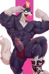  2022 abs anthro barazoku bent_leg biceps big_muscles big_penis canid canine canis claws clothed clothing domestic_dog erection eyewear eyewear_on_head flexing footwear fur genitals hi_res huge_muscles humanoid_genitalia humanoid_penis husky looking_at_viewer male mammal muscular muscular_anthro muscular_male nordic_sled_dog obliques open_clothing pecs penis poking_out shoes simple_background smile solo spitz standing sunglasses sunglasses_on_head teeth thong tongue topless topless_anthro topless_male tuft underwear wolfanine 