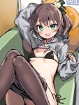  1girl :d ahoge aqua_eyes arm_behind_head ayaoshiro bikini black_bikini blush breasts brown_hair brown_pantyhose clothes_pull couch highres hololive hood hoodie knees_together_feet_apart long_hair long_sleeves looking_at_viewer lying natsuiro_matsuri on_back on_couch pantyhose pantyhose_pull side-tie_bikini_bottom side_ponytail small_breasts smile solo swimsuit untied untied_bikini untying virtual_youtuber 