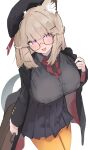 1girl animal_ear_fluff animal_ears arknights bag bangs black_headwear black_jacket black_skirt blush breasts brown_hair closed_mouth commentary glasses grey_shirt hat high-waist_skirt highres holding holding_bag jacket large_breasts long_sleeves looking_at_viewer mikozin neck_ribbon official_alternate_costume open_clothes open_jacket open_mouth pantyhose pleated_skirt purple_eyes red_ribbon ribbon school_uniform shirt short_hair simple_background skirt smile solo tail tilted_headwear utage_(arknights) utage_(disguise)_(arknights) white_background yellow_pantyhose 