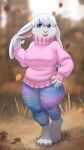  2022 4_toes 5_fingers anthro autumn autumn_leaves barefoot big_breasts blue_clothing blue_eyes blue_legwear breasts buckteeth claws clothed clothing curvy_figure digital_media_(artwork) feet female fern_(tasanko) fingers fully_clothed fur grass hand_on_hip lagomorph leggings legwear leporid long_ears mammal nature nature_background open_mouth open_smile pink_clothing pink_sweater pink_topwear plant rabbit signature slightly_chubby smile solo sweater tasanko teeth thick_thighs toes topwear turtleneck white_body white_fur wide_hips 