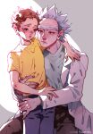  2boys brown_hair coat gogglesyo grandfather_and_grandson highres labcoat male_focus messy_hair morty_smith multiple_boys rick_and_morty rick_sanchez shirt short_hair spiked_hair unibrow white_coat white_hair yellow_shirt 