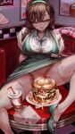  1girl :d absurdres bangs breasts brown_hair burger checkered_floor choker drink food freckles french_fries groin hairband high_heels highres jukebox large_breasts long_hair looking_at_viewer name_tag napkin no_panties open_mouth original plate sitting smile soleil_(soleilmtfbwy03) solo spread_legs table teeth thighhighs white_eyes white_thighhighs 