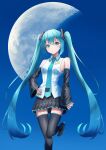  1girl absurdres amaama_(beccyonaika1) aqua_eyes aqua_hair aqua_necktie bangs bare_shoulders black_footwear black_skirt black_sleeves closed_mouth collared_shirt commentary detached_sleeves gibbous_moon hair_between_eyes hair_ornament hand_on_hip hatsune_miku highres leg_up long_hair looking_at_viewer moon necktie number_tattoo shirt skirt sky sleeveless sleeveless_shirt sleeves_past_wrists solo standing standing_on_one_leg tareme tattoo thighhighs twintails vocaloid white_shirt zettai_ryouiki 