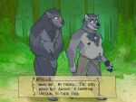  anthro blush bottomwear canid canine canis clothing dialogue duo embarrassed english_text forest fur grey_body grey_fur hi_res loincloth male male/male mammal nipples nude overweight overweight_male paws plant text tree vaisz wolf 