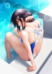  1girl absurdres azur_lane bangs black_hair brown_eyes choukai_(azur_lane) commentary_request competition_swimsuit from_behind hair_flaps highres long_hair looking_at_viewer one-piece_swimsuit oriue_wato poolside soaking_feet solo starting_block swept_bangs swimsuit water white_one-piece_swimsuit 