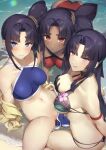  3girls ass bangs bare_shoulders beach bikini black_bikini black_hair blue_bikini blue_eyes blush breasts cleavage collarbone dark-skinned_female dark_skin fate/grand_order fate_(series) hair_bun highres jacket large_breasts long_hair long_sleeves looking_at_viewer medium_breasts multicolored_eyes multiple_girls multiple_persona navel orange_eyes parted_bangs pinta_(ayashii_bochi) purple_eyes purple_lips red_bikini red_eyes shore side_ponytail sidelocks single_side_bun smile spread_legs swimsuit taira_no_kagekiyo_(fate) taira_no_kagekiyo_(pinky_beach)_(fate) thighs untied untied_bikini ushiwakamaru_(fate) ushiwakamaru_(swimsuit_assassin)_(fate) ushiwakamaru_(swimsuit_assassin)_(first_ascension)_(fate) very_long_hair yellow_jacket 